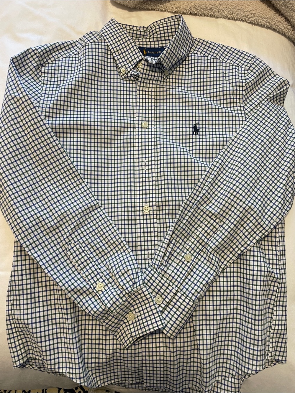 Ralph Lauren White Button-Down Shirt with Blue Check Pattern